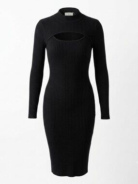 Love Always Black Ribbed Knit Cut Out Bodycon Midi Dress Long Sleeve M